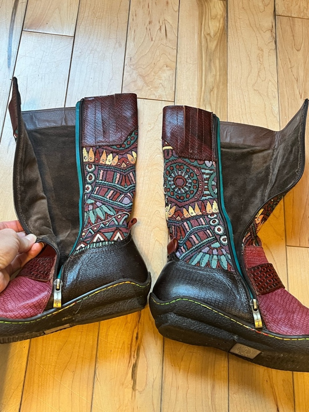 Socofy Tapestry and Leather Tall boots zip up side decorative silver buckle 39 - Picture 5 of 11